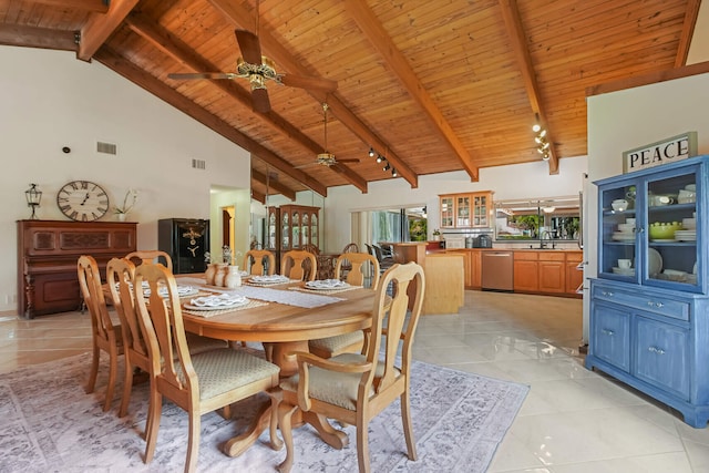 650 NW 48th Ave, Coconut Creek, FL 33063 - dining room with a ceiling fan, visible vents, wood ceiling, and high vaulted ceiling