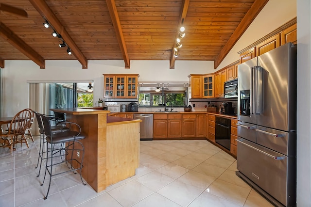 650 NW 48th Ave, Coconut Creek, FL 33063 - kitchen featuring a sink, rail lighting, wood ceiling, and appliances with stainless steel finishes