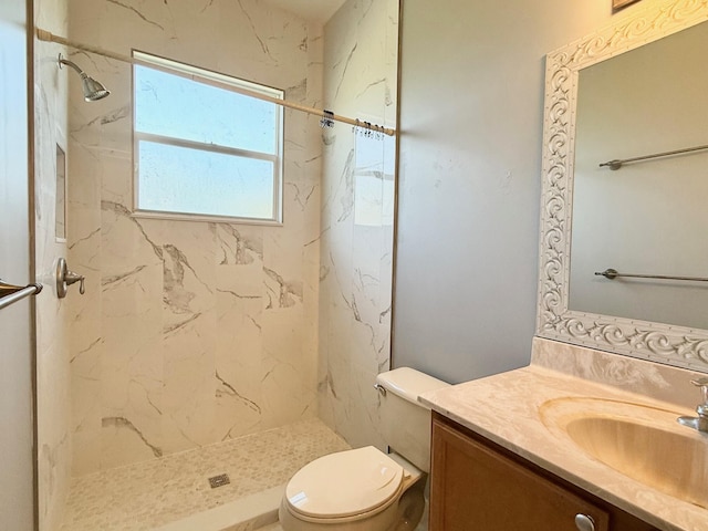 full bathroom featuring vanity, toilet, and a marble finish shower