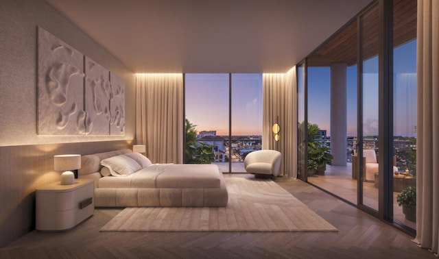 bedroom with a wall of windows and access to exterior