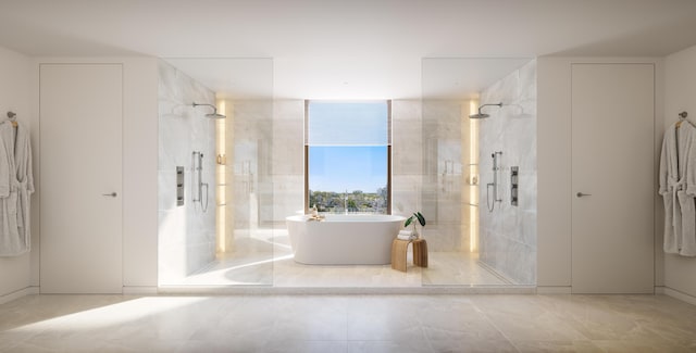 full bath featuring walk in shower and a freestanding bath