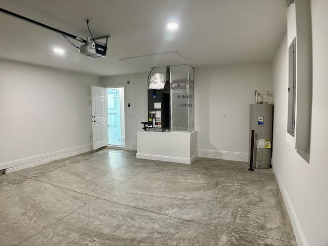 garage with electric water heater, recessed lighting, baseboards, and a garage door opener