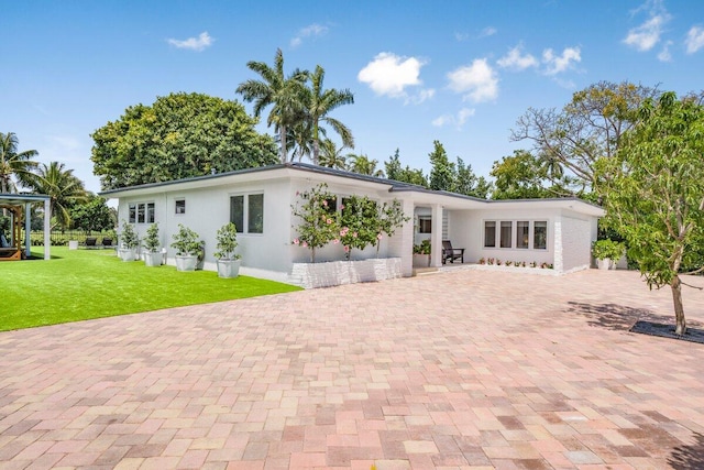 back of house featuring a patio, stucco siding, decorative driveway, and a lawn