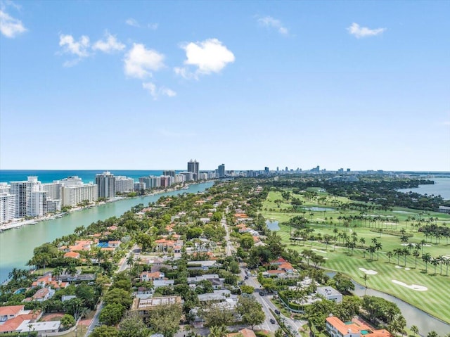 6100 La Gorce Dr, Miami Beach, FL 33140 - bird's eye view of a large body of water, a golf course, and city skyline