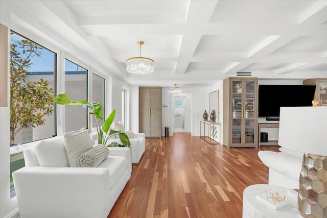 6100 La Gorce Dr, Miami Beach, FL 33140 - living room featuring a chandelier, coffered ceiling, beam ceiling, and wood finished floors