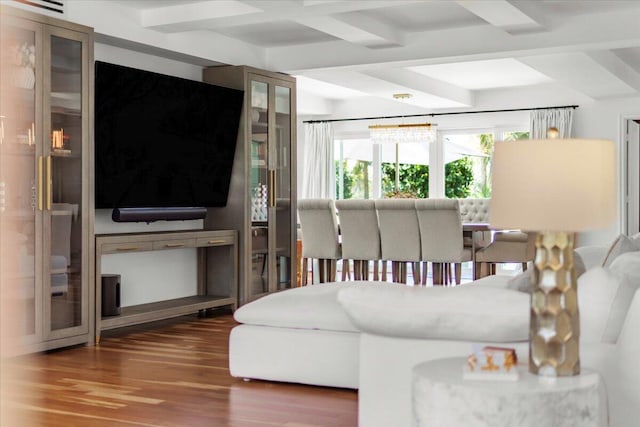 6100 La Gorce Dr, Miami Beach, FL 33140 - living area featuring wood finished floors and beamed ceiling
