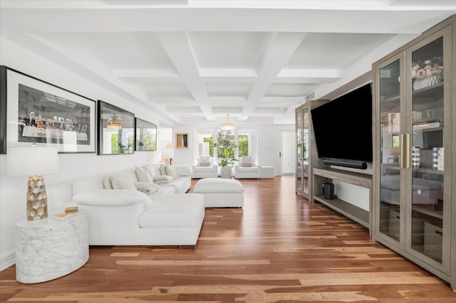 6100 La Gorce Dr, Miami Beach, FL 33140 - living area featuring coffered ceiling, light wood finished floors, and beamed ceiling