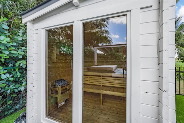 view of sauna with wood finished floors