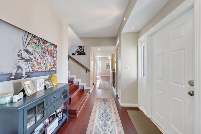 730 Greensward Ct Unit 203J, Delray Beach, FL 33445 - hall with recessed lighting, stairs, dark wood finished floors, and baseboards