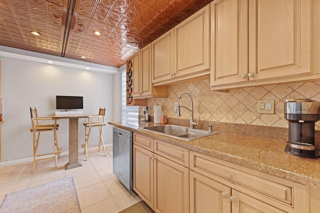 730 Greensward Ct Unit 203J, Delray Beach, FL 33445 - kitchen with a sink, dishwasher, baseboards, tasteful backsplash, and an ornate ceiling