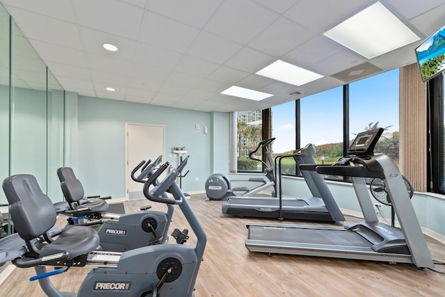 gym with a drop ceiling, baseboards, and wood finished floors