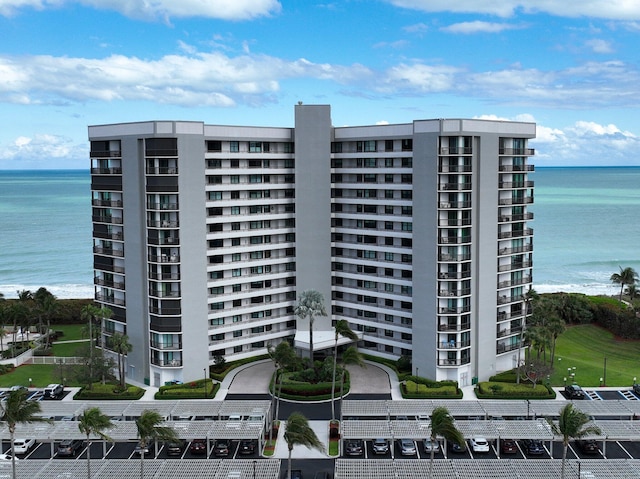 view of building exterior with a water view