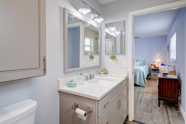 ensuite bathroom with vanity, toilet, ensuite bathroom, and wood finished floors