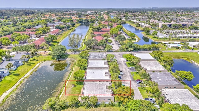 aerial view featuring a water view and a residential view