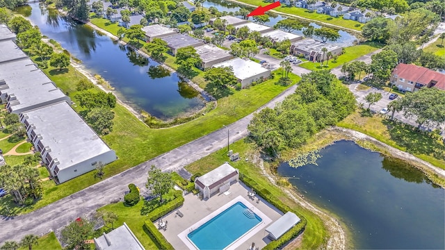 bird's eye view with a water view