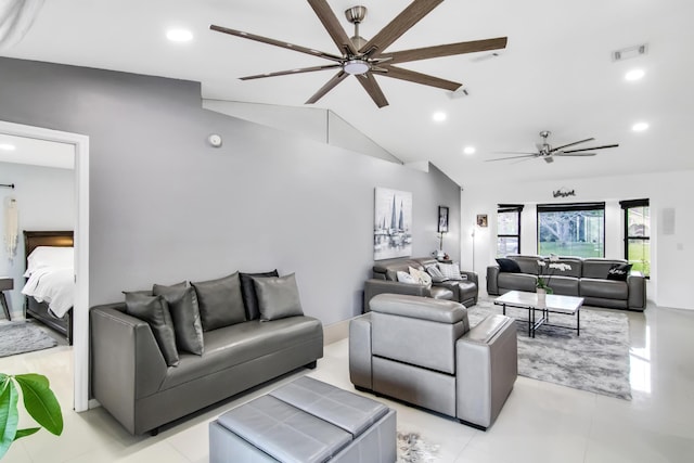 living area featuring lofted ceiling, visible vents, recessed lighting, ceiling fan, and light tile patterned floors