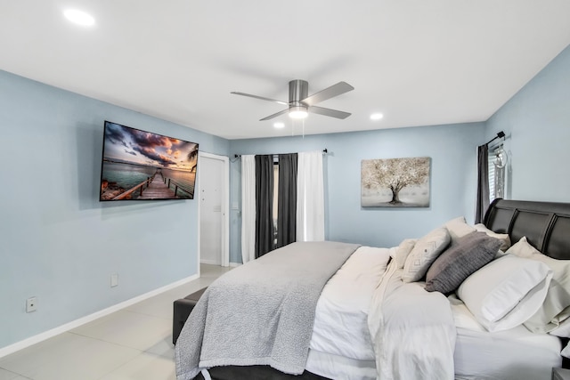 bedroom featuring tile patterned floors, baseboards, a ceiling fan, and recessed lighting
