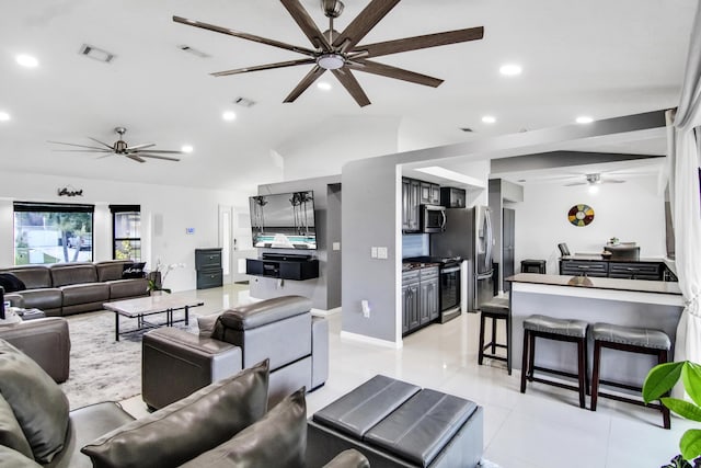living room featuring recessed lighting, visible vents, and ceiling fan