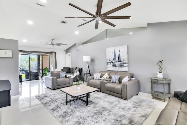 living room featuring lofted ceiling, visible vents, recessed lighting, ceiling fan, and baseboards