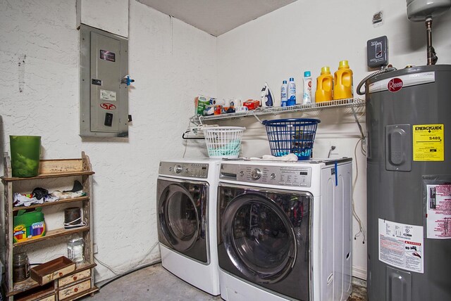 laundry area featuring electric water heater, electric panel, washing machine and clothes dryer, and a textured wall
