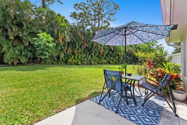 view of green lawn with a patio