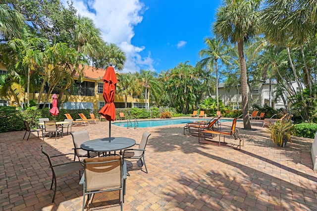 community pool with a patio area
