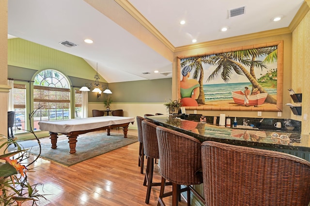 1125 Crystal Way Unit I, Delray Beach, FL 33444 - playroom featuring hardwood / wood-style flooring, pool table, ornamental molding, vaulted ceiling, and recessed lighting