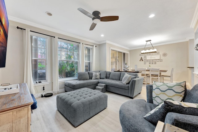 5742 NW 119th Ter, Coral Springs, FL 33076 - living area with ornamental molding, recessed lighting, ceiling fan, light wood-style flooring, and baseboards