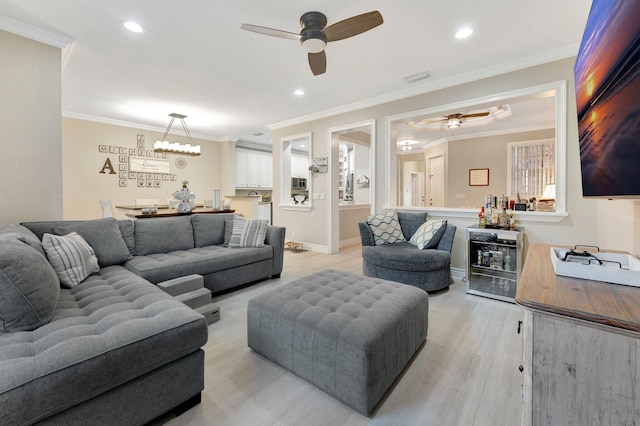 5742 NW 119th Ter, Coral Springs, FL 33076 - living room with a ceiling fan, light wood finished floors, ornamental molding, recessed lighting, and baseboards