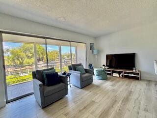 living area featuring light wood-style floors and a textured ceiling