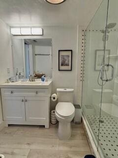 bathroom featuring vanity, toilet, and a shower stall