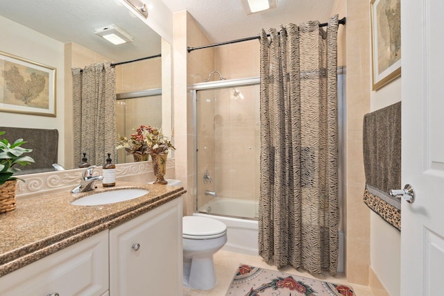 full bath featuring a textured ceiling, toilet, shower / bath combination with curtain, tile patterned floors, and vanity
