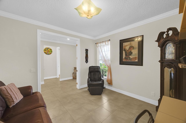 living area with a textured ceiling, baseboards, light tile patterned floors, and ornamental molding