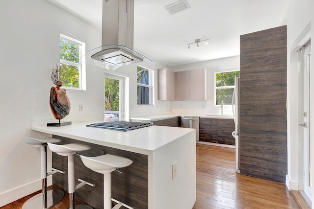 430 NE 121st St, Biscayne Park, FL 33161 - kitchen with a peninsula, island exhaust hood, stainless steel appliances, visible vents, and light countertops