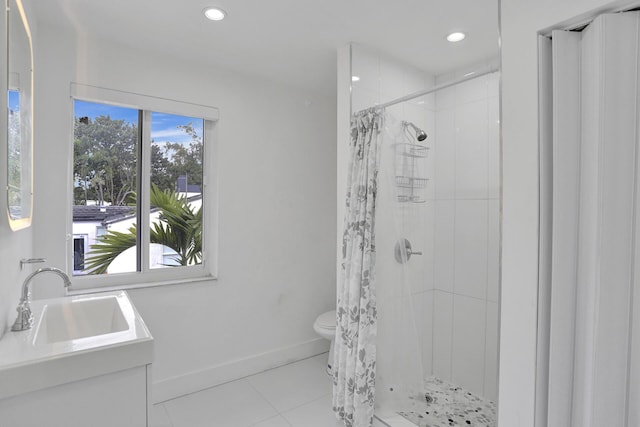 430 NE 121st St, Biscayne Park, FL 33161 - bathroom with toilet, baseboards, tile patterned flooring, a shower stall, and recessed lighting
