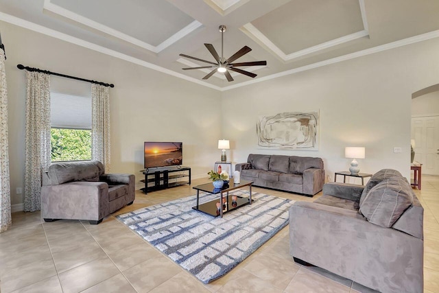 964 SW Canoe Creek Ter, Palm City, FL 34990 - living room featuring recessed lighting, light tile patterned floors, ceiling fan, crown molding, and arched walkways