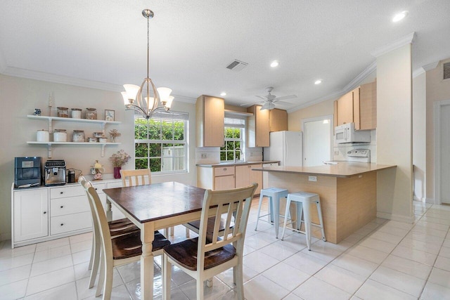 8334 Old Forest Rd, Palm Beach Gardens, FL 33410 - dining room with ornamental molding, recessed lighting, a chandelier, light tile patterned flooring, and a ceiling fan