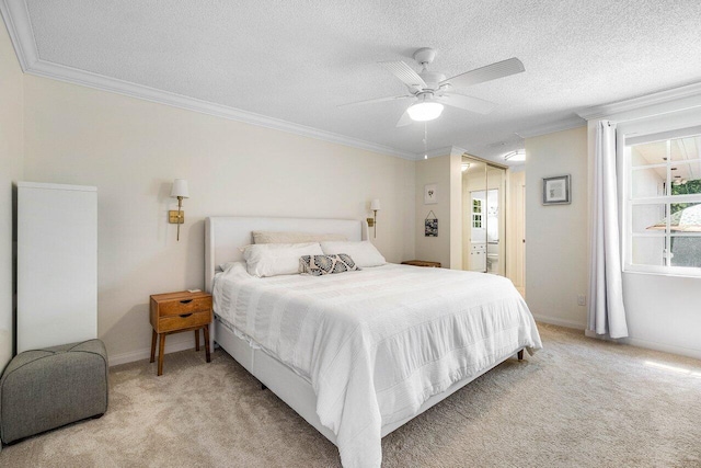 8334 Old Forest Rd, Palm Beach Gardens, FL 33410 - bedroom featuring crown molding, light colored carpet, a textured ceiling, baseboards, and ceiling fan
