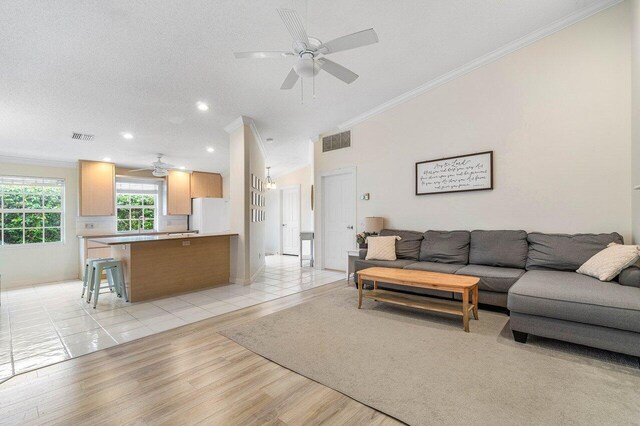 8334 Old Forest Rd, Palm Beach Gardens, FL 33410 - living room featuring a ceiling fan, ornamental molding, light wood-style floors, recessed lighting, and a textured ceiling