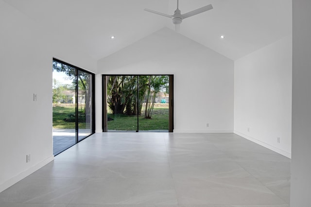 6560 Las Flores Dr, Boca Raton, FL 33433 - spare room with high vaulted ceiling, plenty of natural light, a ceiling fan, recessed lighting, and baseboards