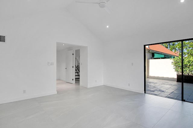 6560 Las Flores Dr, Boca Raton, FL 33433 - empty room with stairway, high vaulted ceiling, a ceiling fan, recessed lighting, and baseboards
