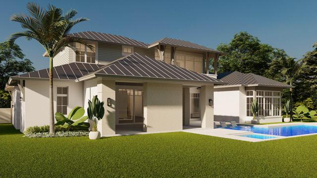1105 Harbor Dr, Delray Beach, FL 33483 - rear view of property featuring a standing seam roof, a metal roof, a lawn, an outdoor pool, and stucco siding