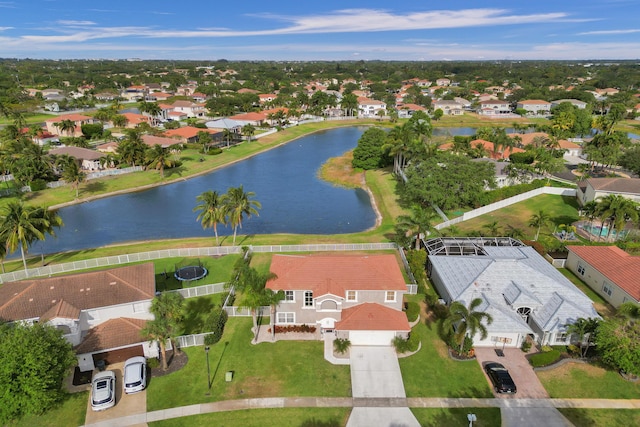 birds eye view of property with a water view and a residential view