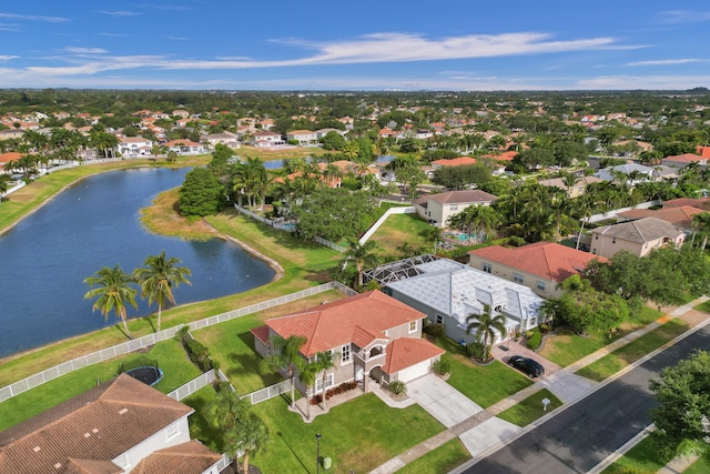 aerial view with a water view and a residential view