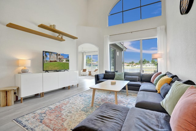 living room featuring wood finished floors, a towering ceiling, and arched walkways