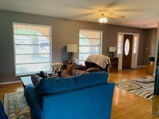 9170 NW 21st Mnr, Sunrise, FL 33322 - living room featuring healthy amount of natural light, ceiling fan, and wood finished floors