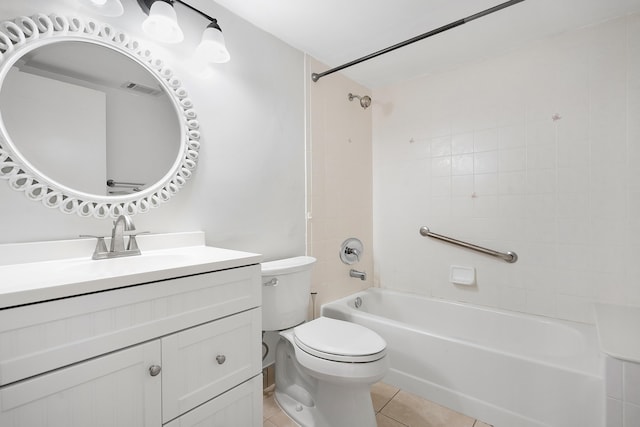 bathroom with toilet, shower / tub combination, vanity, visible vents, and tile patterned floors