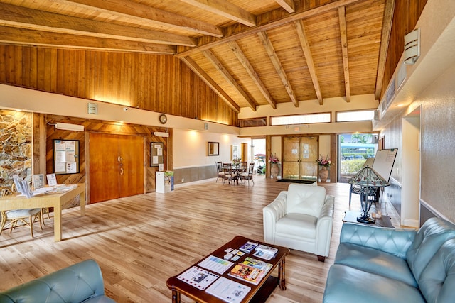 living area with wood ceiling, high vaulted ceiling, light wood-style flooring, beamed ceiling, and wood walls