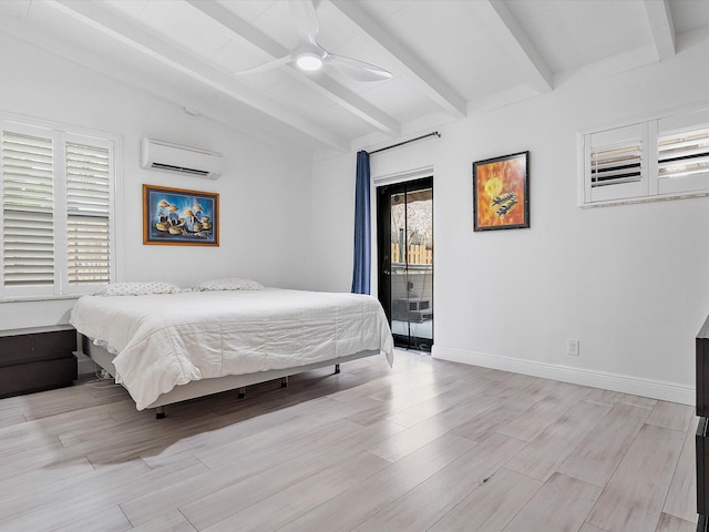 bedroom featuring light wood-style flooring, a ceiling fan, access to exterior, a wall unit AC, and vaulted ceiling with beams