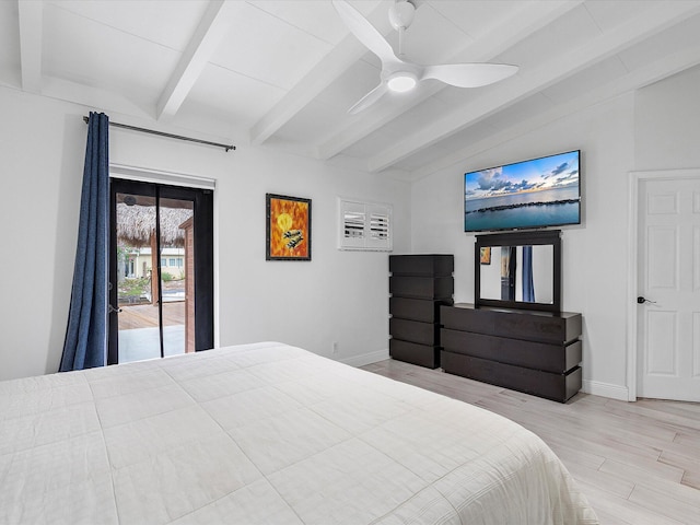 bedroom with baseboards, access to outside, vaulted ceiling with beams, and wood finished floors